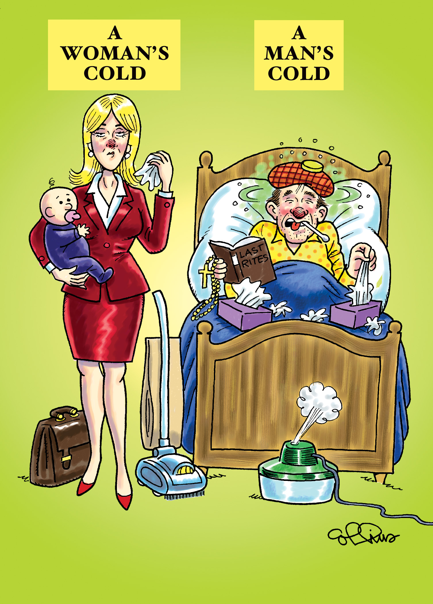 Blog about woman cold: cartoon of woman with a cold who is holding baby dressed for work beside a man with a cold who is tenderly nursing it in bed